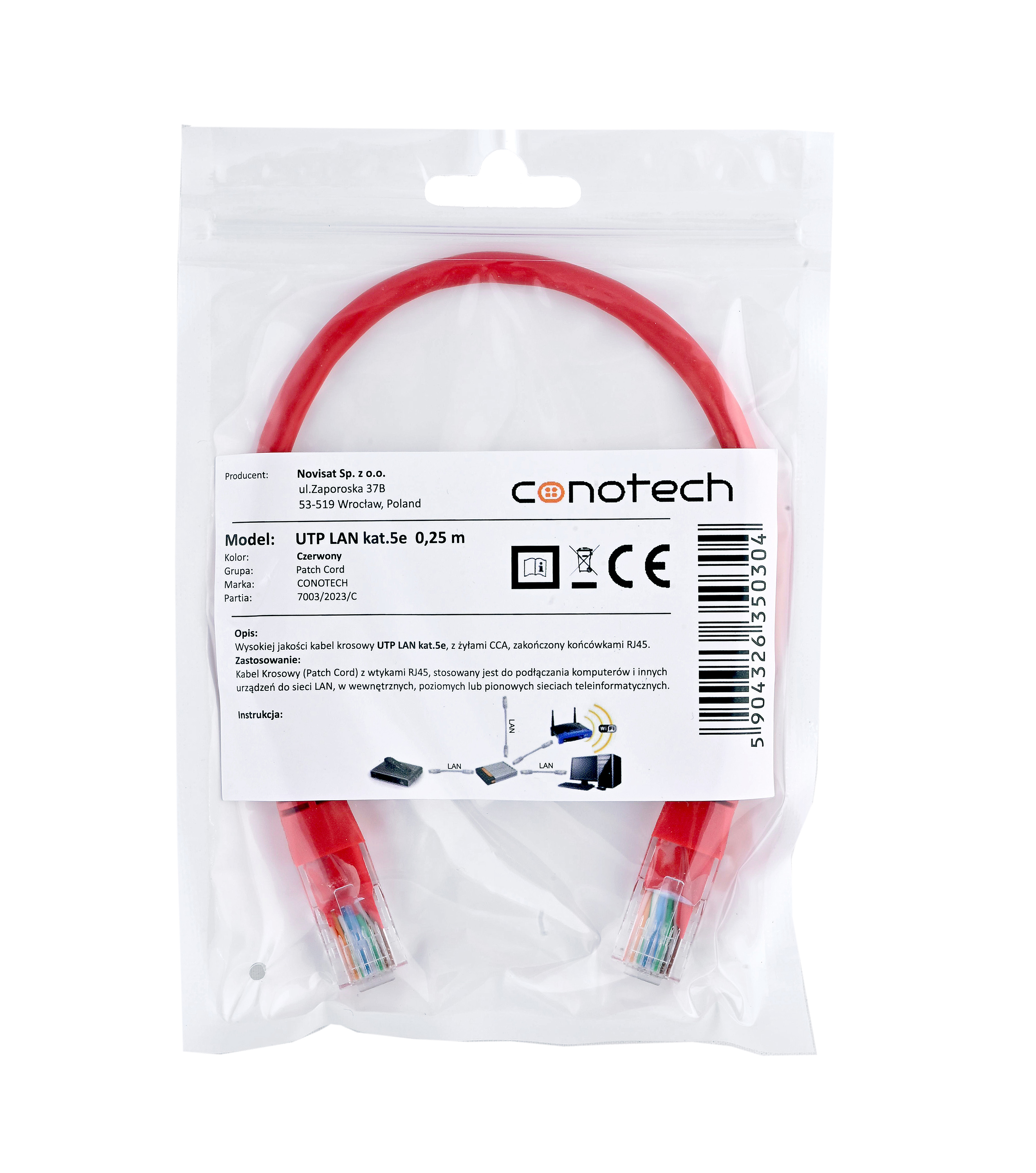 CONOTECH PATCH CORD U/UTP kat.5e 0,25m - CZERWONY