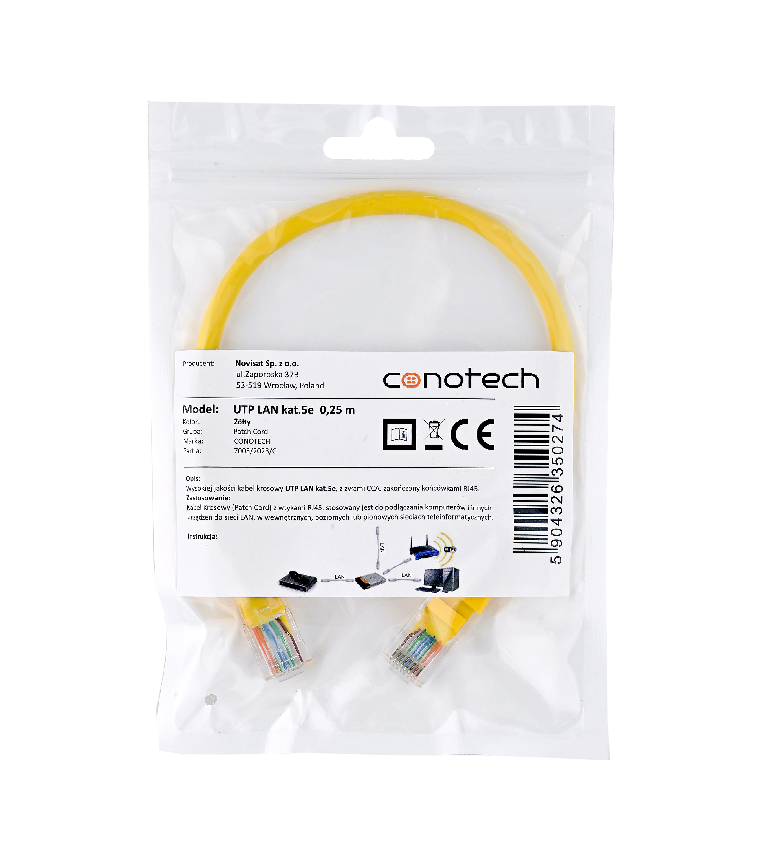 CONOTECH PATCH CORD U/UTP cat.5e 0,25m - YELLOW