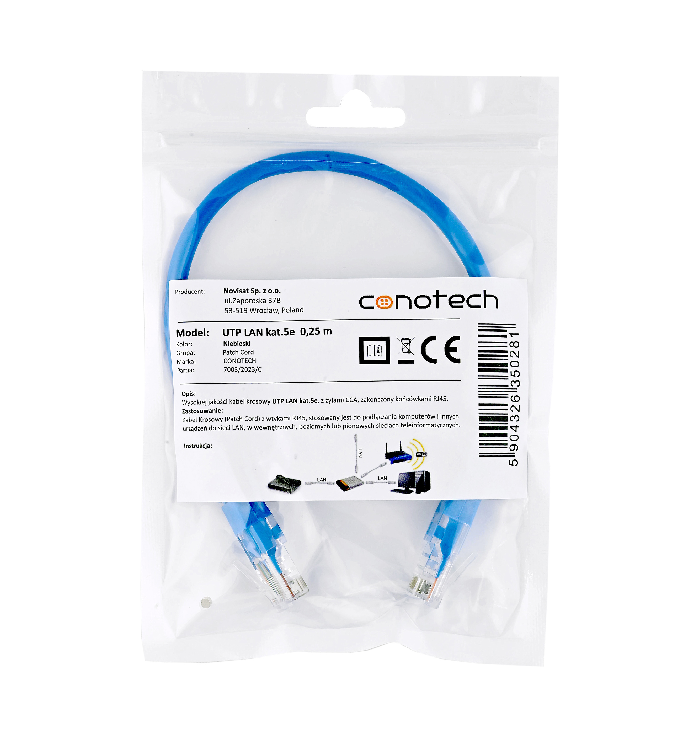 CONOTECH PATCH CORD U/UTP kat.5e 0,25m - NIEBIESKI 