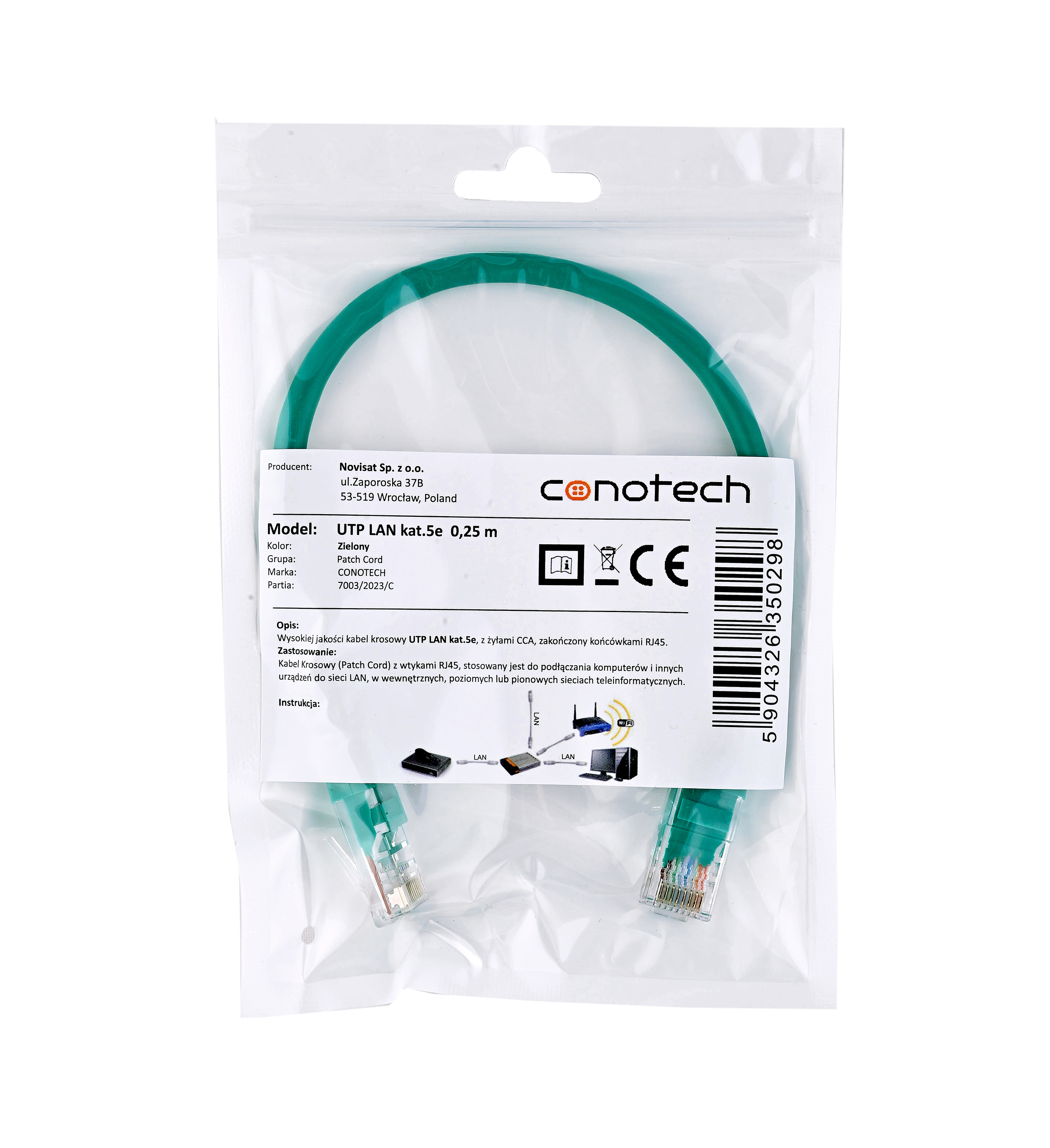CONOTECH PATCH CORD U/UTP cat.5e 0,25m - GREEN